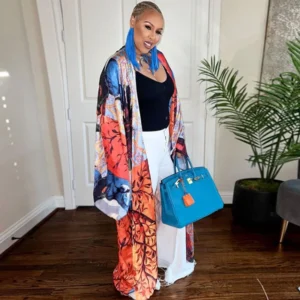 Streetwear Long Sleeve Duster Coat for Women Fall Clothes Print Satin Trench Coats Bat Sleeve Vintage Open Front Kaftan Clothes